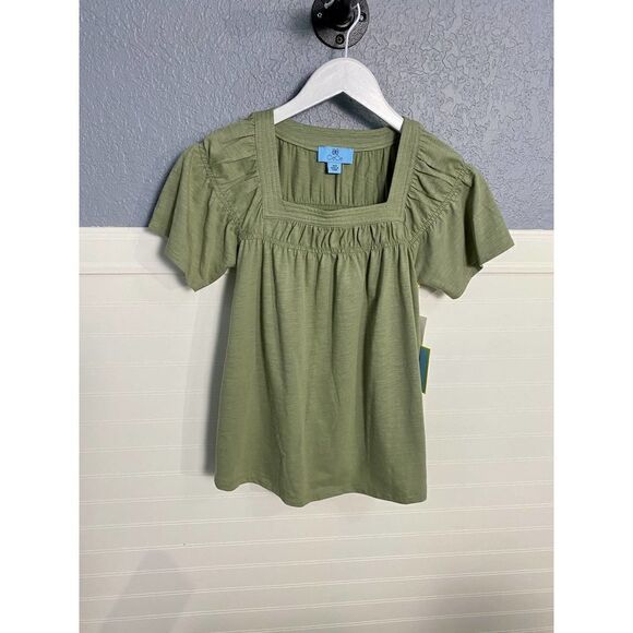 Cece Olive Green Square Scoop Neck Short Sleeve Blouse Women's size XXS NWT - Picture 5 of 6